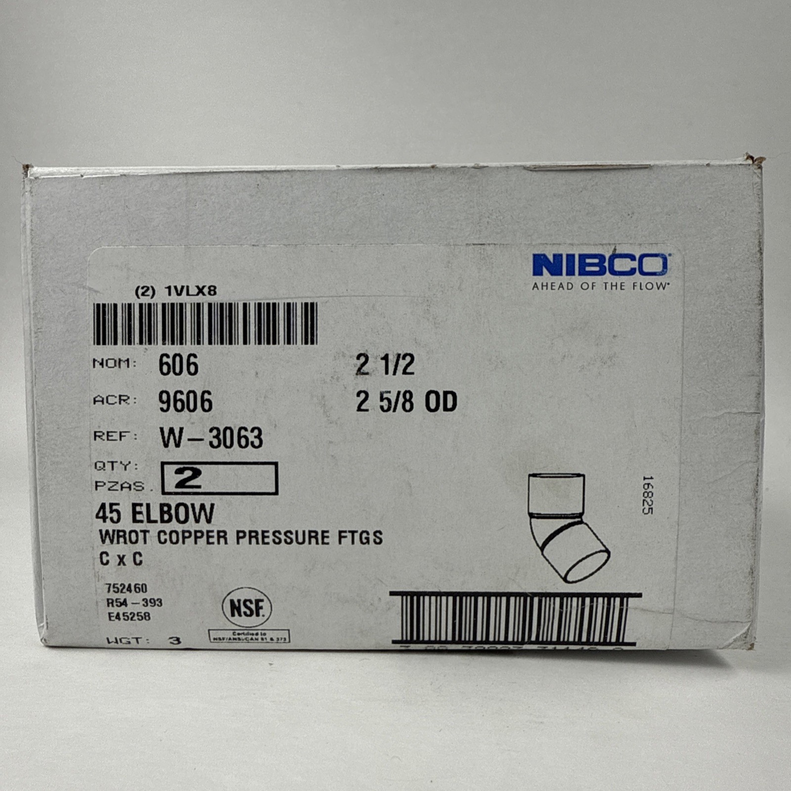NIBCO 9043400 606 Elbow 45 Deg 2-1/2 Inch Nominal C x C Lot Of 2 New