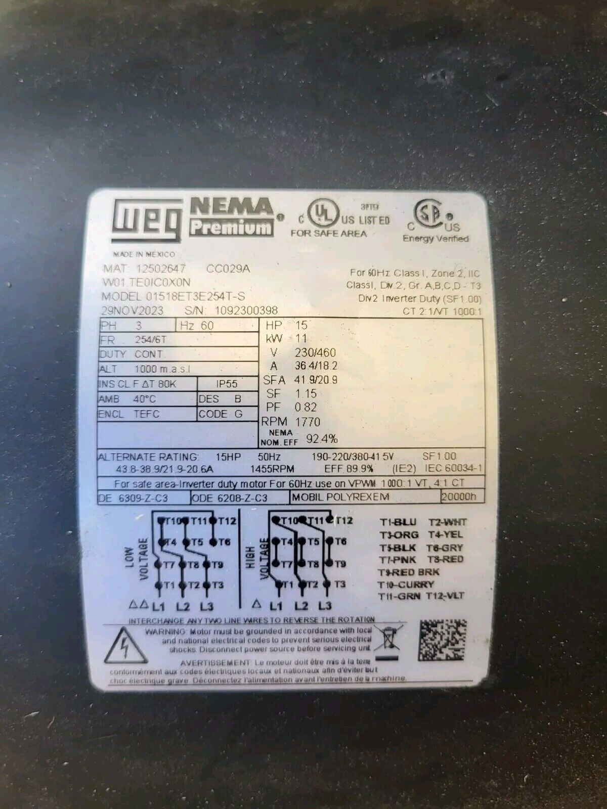 WEG 12502647 01518ET3E254T-S-208-230/460V 40.3-41.8/20.9A NSMP 15 H.P. MOTOR