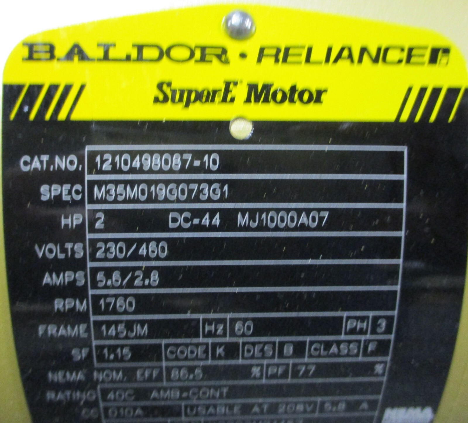 Baldor Reliance M35M019G073G1 3 PH Motor 12104987-10 2HP 1760RPM 145JM