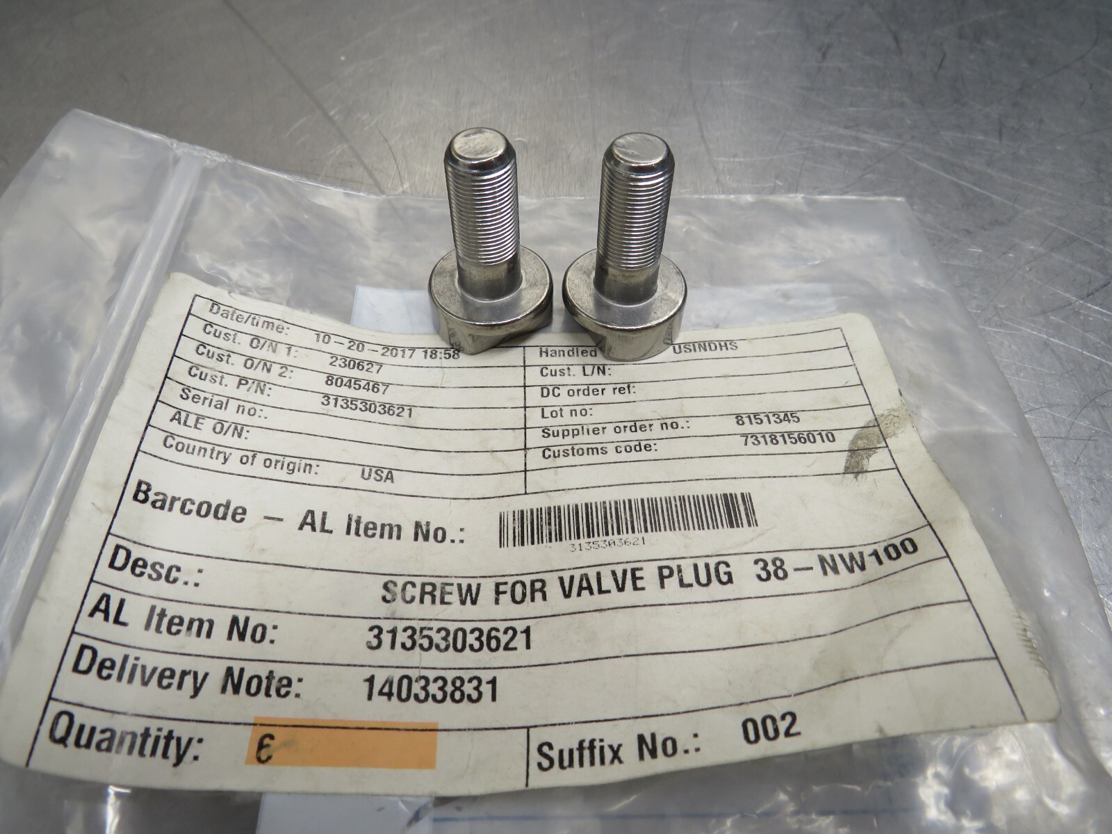 Alfa Laval 3135303621 Screw For Valve Plug 38-NW100 Lot of 2!