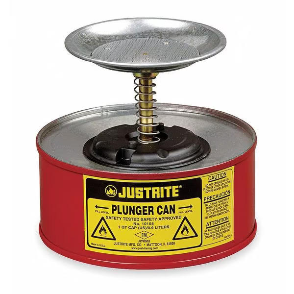 Justrite 10108 Plunger Can, 1 Quart Can Capacity, Galvanized Steel, 5