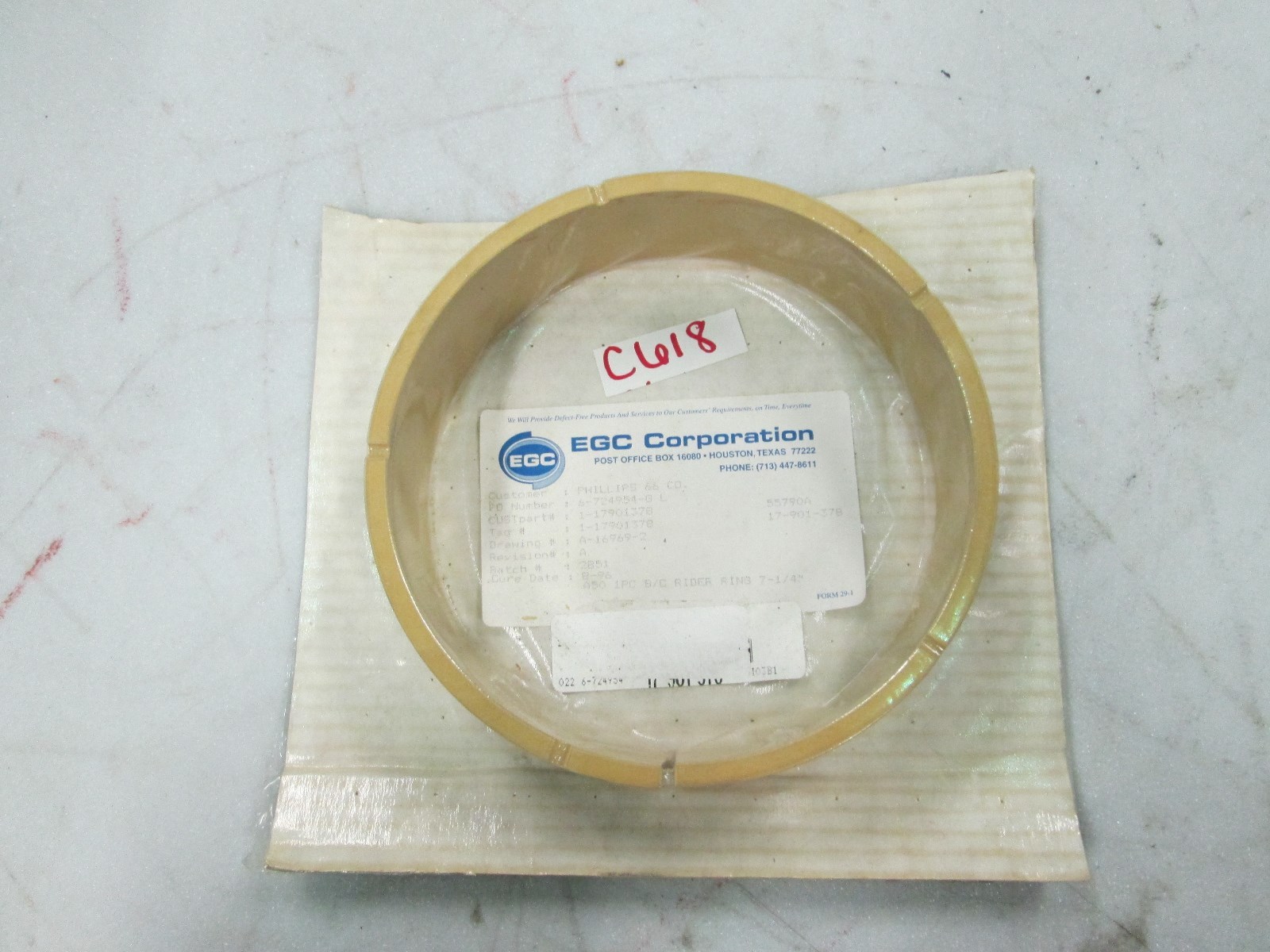 EGC Corporation Rider Ring #A50 1 P/C B/C 7-1/4″ DWG: #A-16969-2 REV A (NIB)