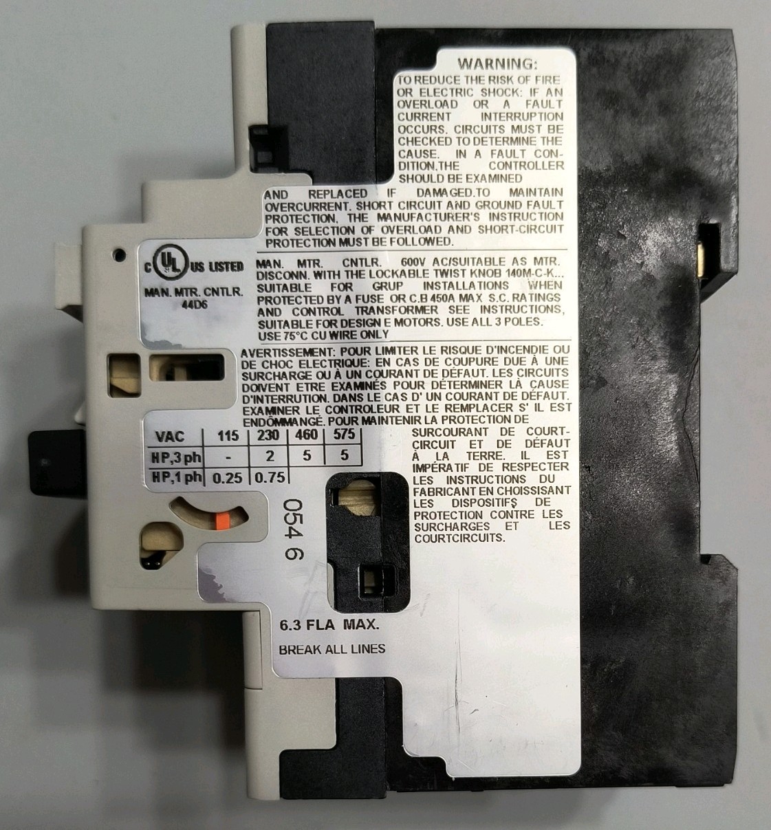 Allen-Bradley 140M-D8N-B63 Ser D, Motor Protector /Circuit Breaker, 6.3A, 480VAC