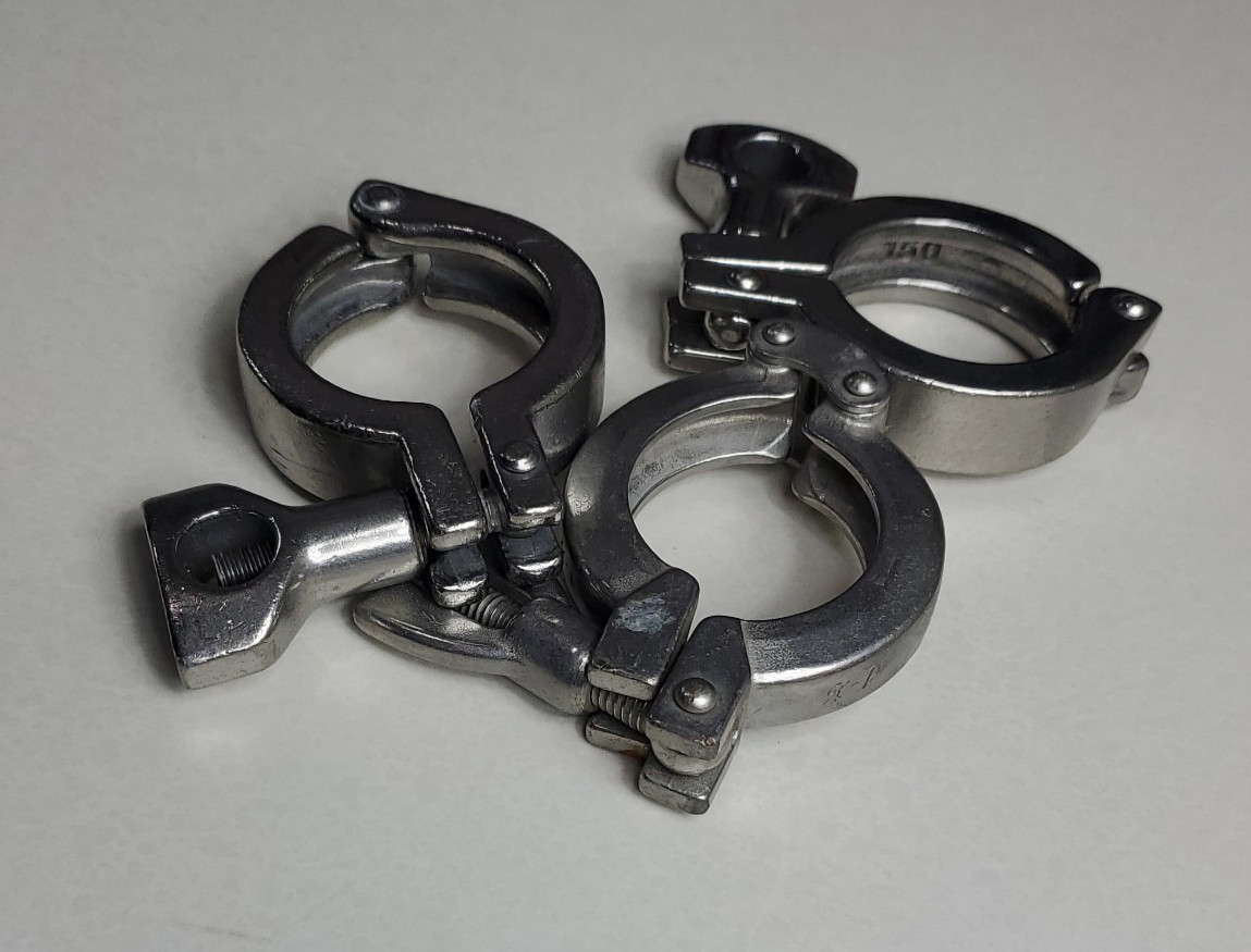 Lot of 3 Sanitary Tri Clamp 1.5 Inch Stainless Pipe Clamps Dixon and Generic