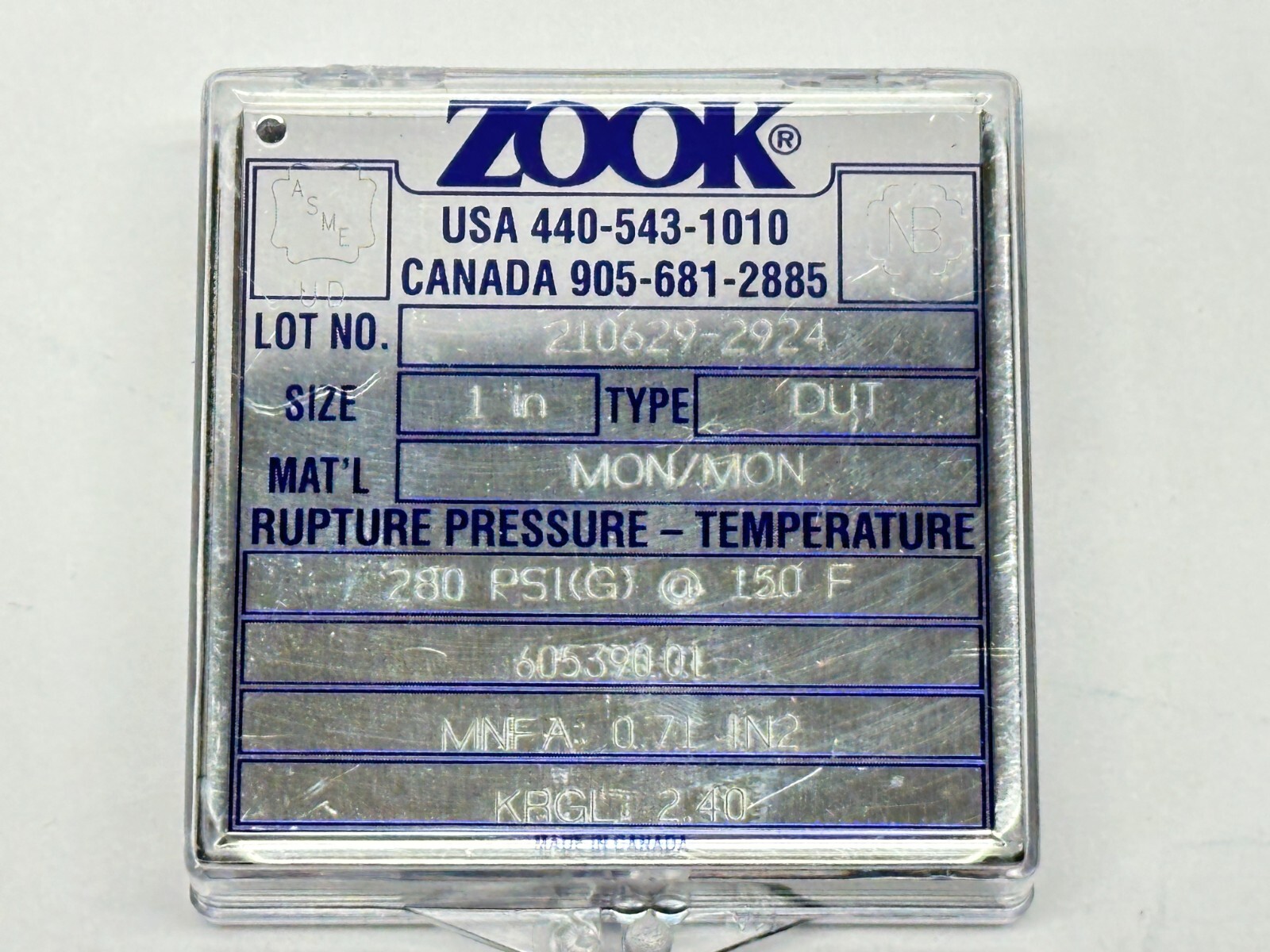 ZOOK D-0025-U00129 210629-2924 DUT Series 1″ Rupture Disk 280PSIG 150F 605390.01