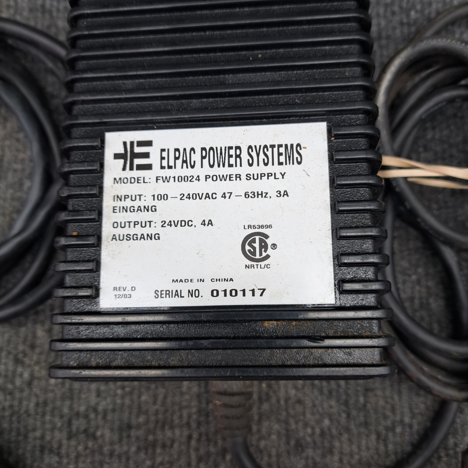 ELPAC POWER SYSTEMS FW10024 Power Supply Input 100-240VAD to Output 24VDC, 4A