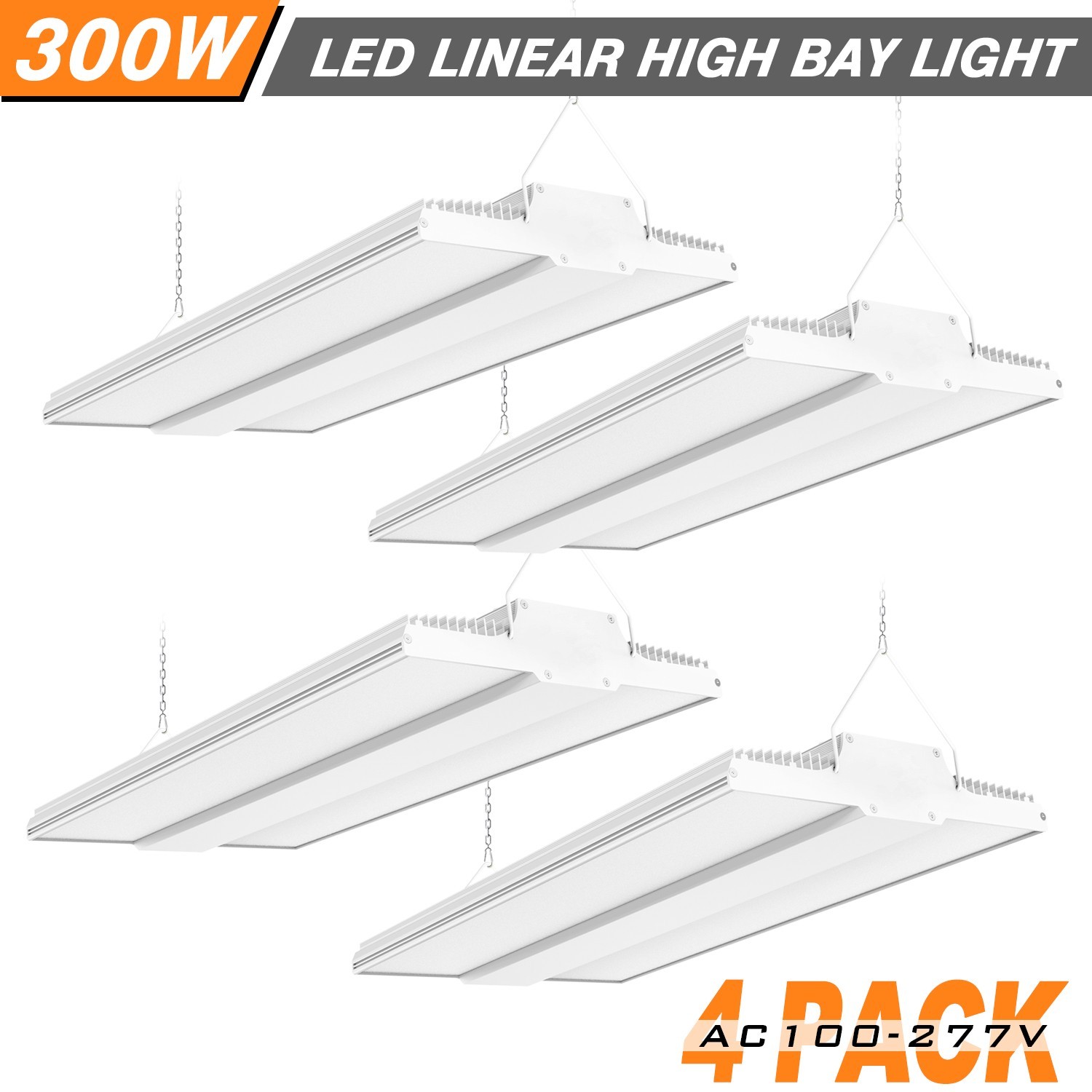 4PACK 300W LED Linear High Bay Light Commercial Warehouse Garage Fixture 45000Lm
