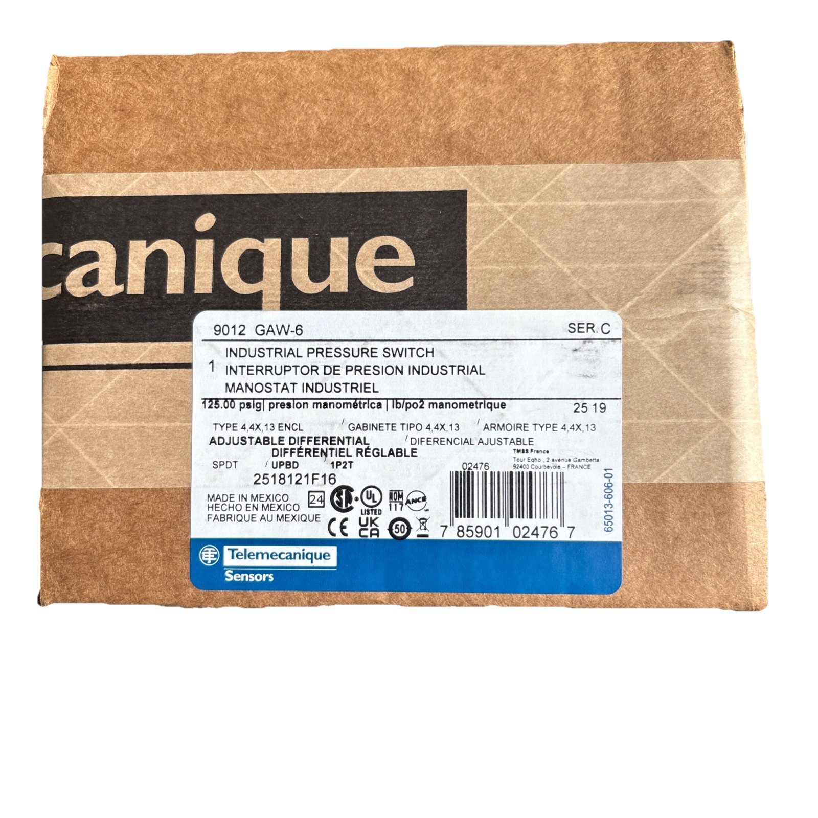 Telemecanique Sensors 9012Gaw6 Pressure Switch, 1-Port 1/4-18 In Fnpt, Spdt, 5
