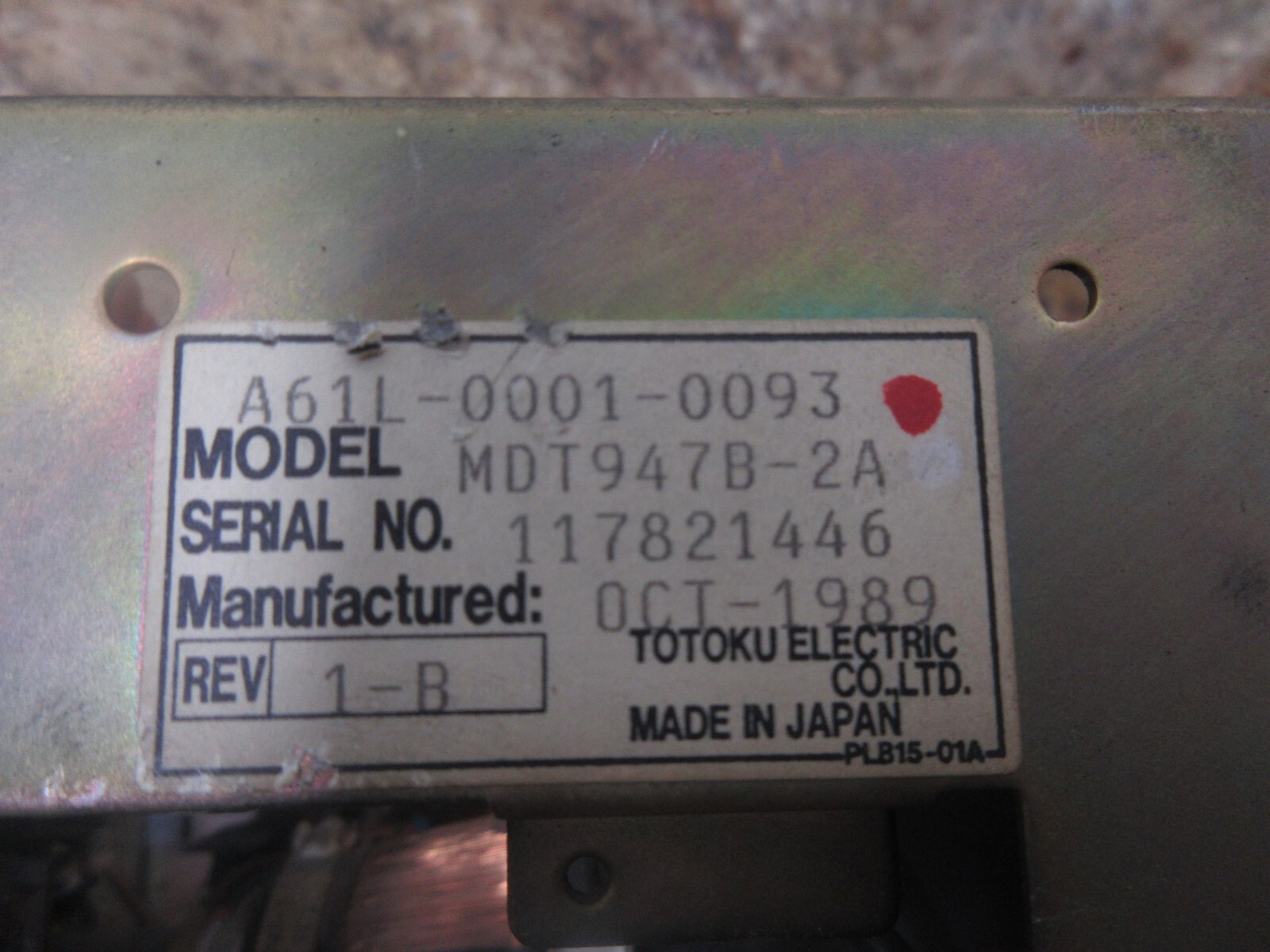 TOTOKU DISPLAY MONITOR A61L-0001-0093 MDT947B-2A 117821446 OCT-1989 REV. 1-B