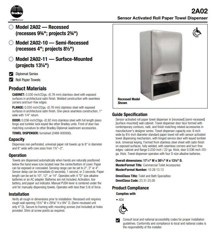 Bradley Diplomat Paper Towel Dispenser 2A02-100000 Semi-Recessed – Sensor