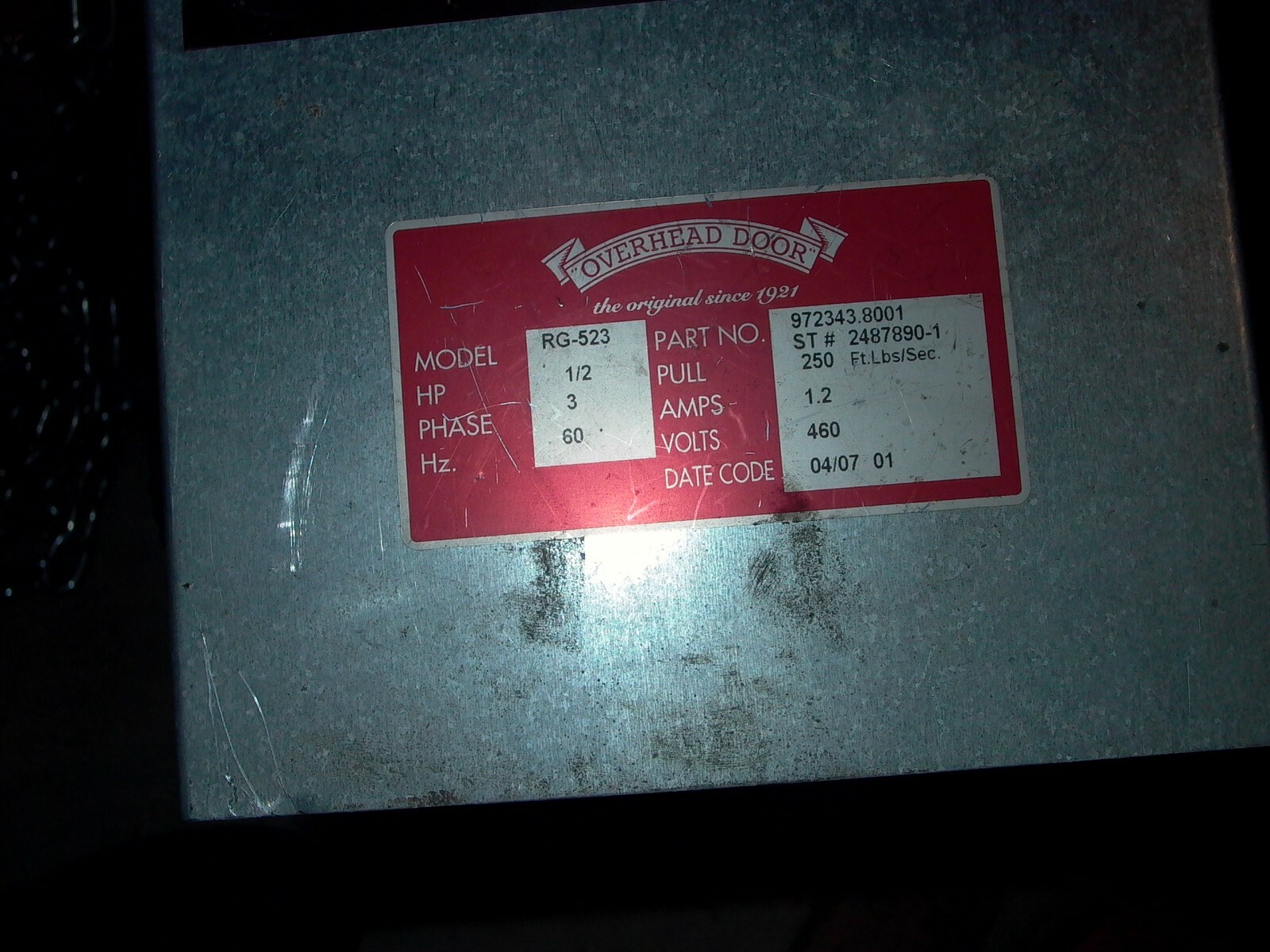 USED OVERHEAD COMMIECIAL DOOR OPNER 3PH 460V 1/2HP RG-523 EMAIL FOR PICK UP