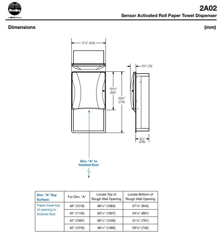 Bradley Diplomat Paper Towel Dispenser 2A02-100000 Semi-Recessed – Sensor