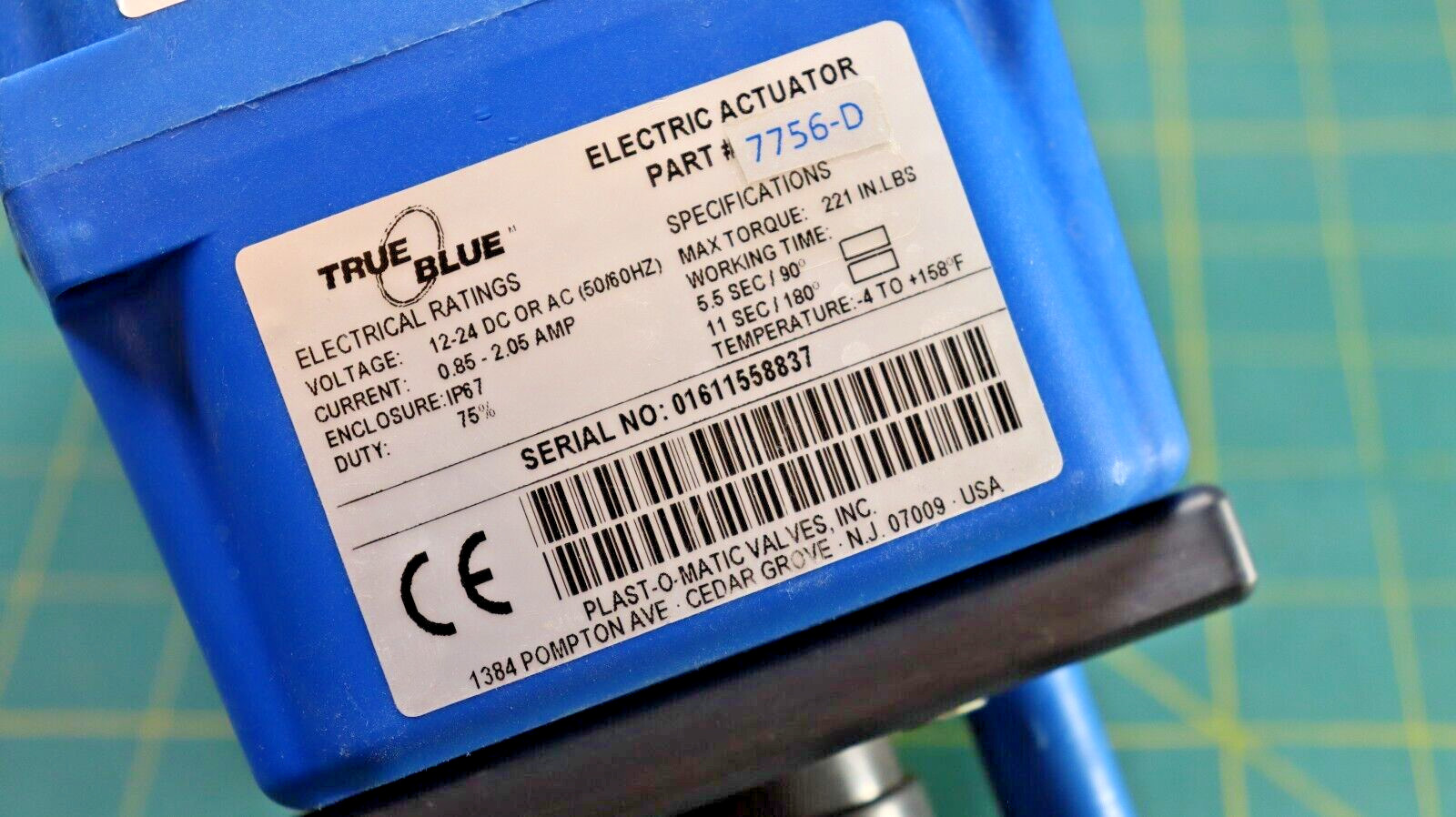 True Blue 7756-D Electric Actuator Plast-O-Matic Normally Closed 12V-24V AC/DC