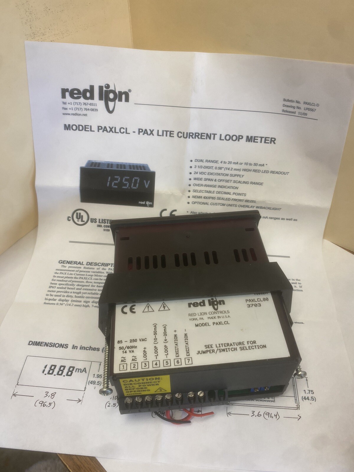 Red Lion PAXLCL Pax Lite Current Loop Digital Meter 4/10-20/50 mA *046