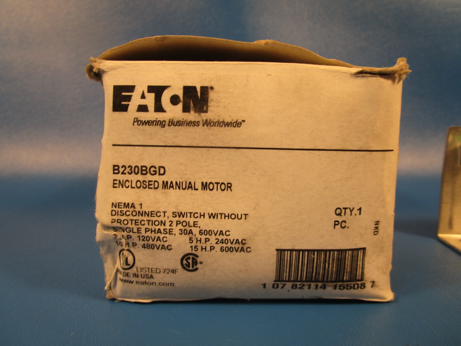 EATON B230BGD, Manual Motor Starter, 1-Phase, 2-Pole, 30 Amp, 600 Volt AC Rated