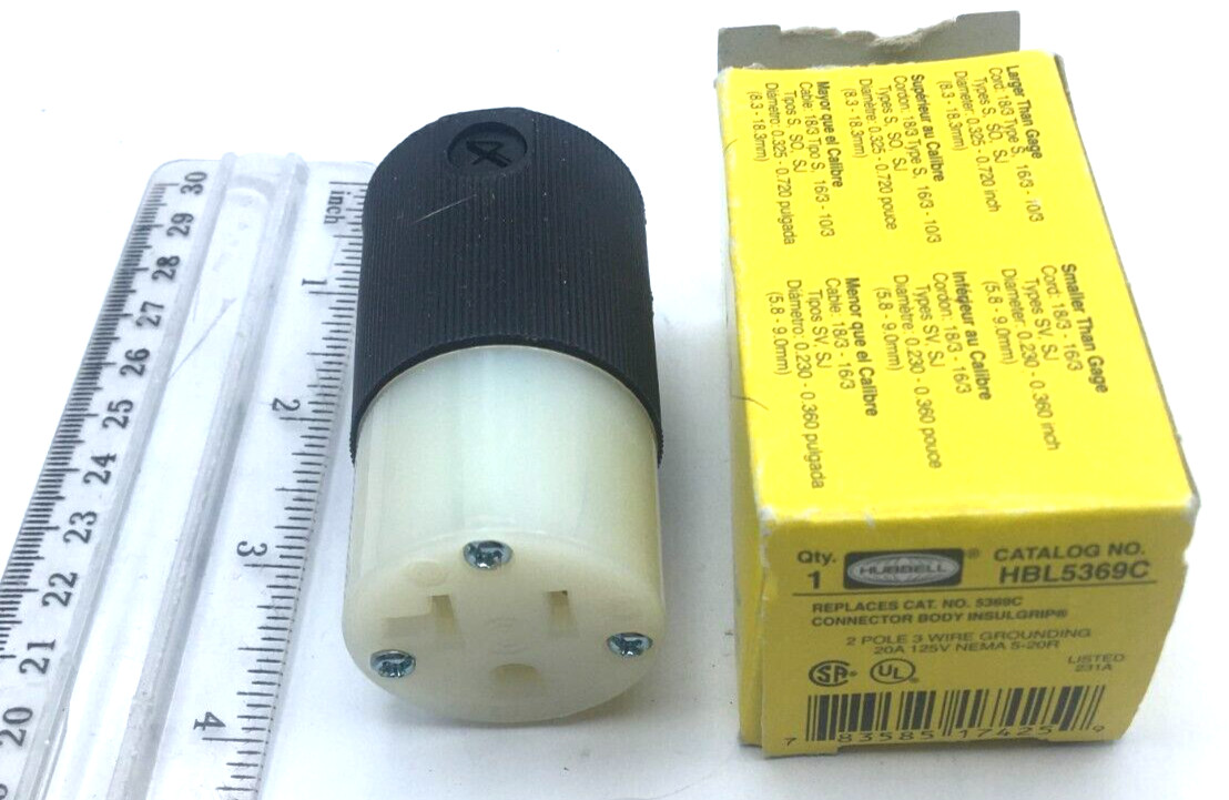 Hubbell Connector Body Insulgrip 2P, 3W, Grounding 20A 125V Nema 5-20R, HBL5369C