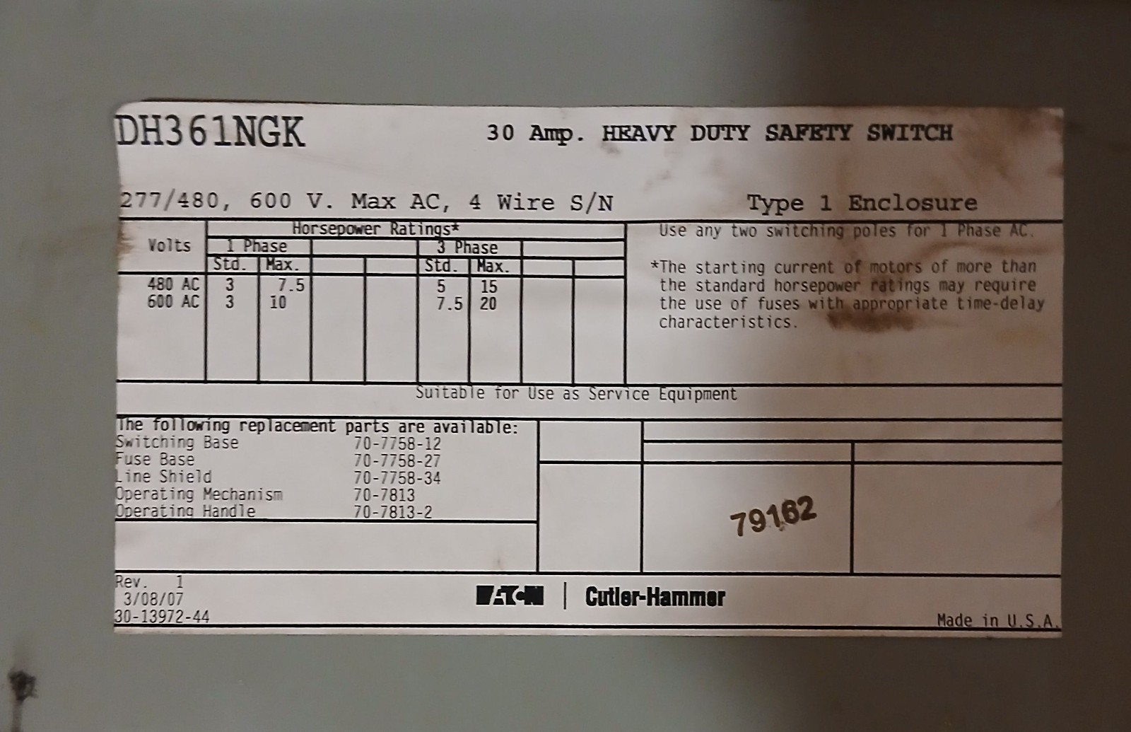 1 USED CUTLER-HAMMER DH361NGK 30A HEAVY DUTY SAFETY SWITCH NNB ***MAKE OFFER***