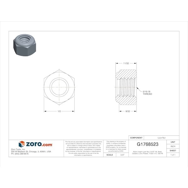 Nylon Insert Lock Nut, 5/16″-18, Steel, Grade 2, Zinc Plated, 11/32 In Ht, 100
