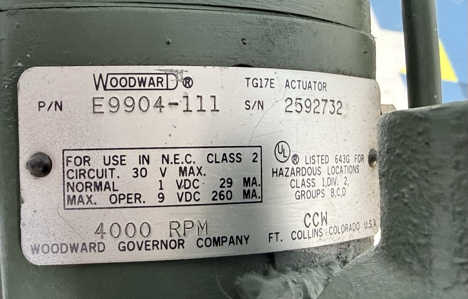 Woodward Governor TG17E Actuator E9904-111 4000 RPM