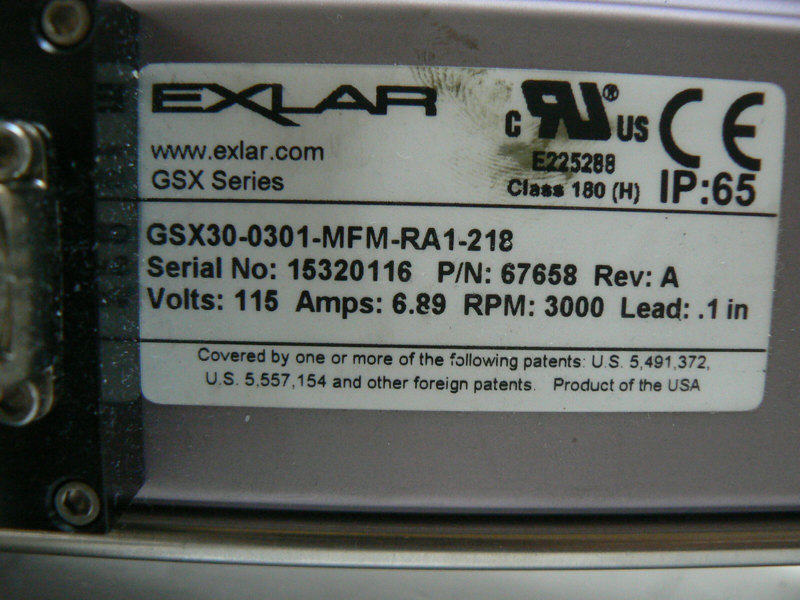 EXLAR, GSX30-0301-MFM-RA1-218, P/N 67658 , Roller Screw Drive, 115V, USED (B+)
