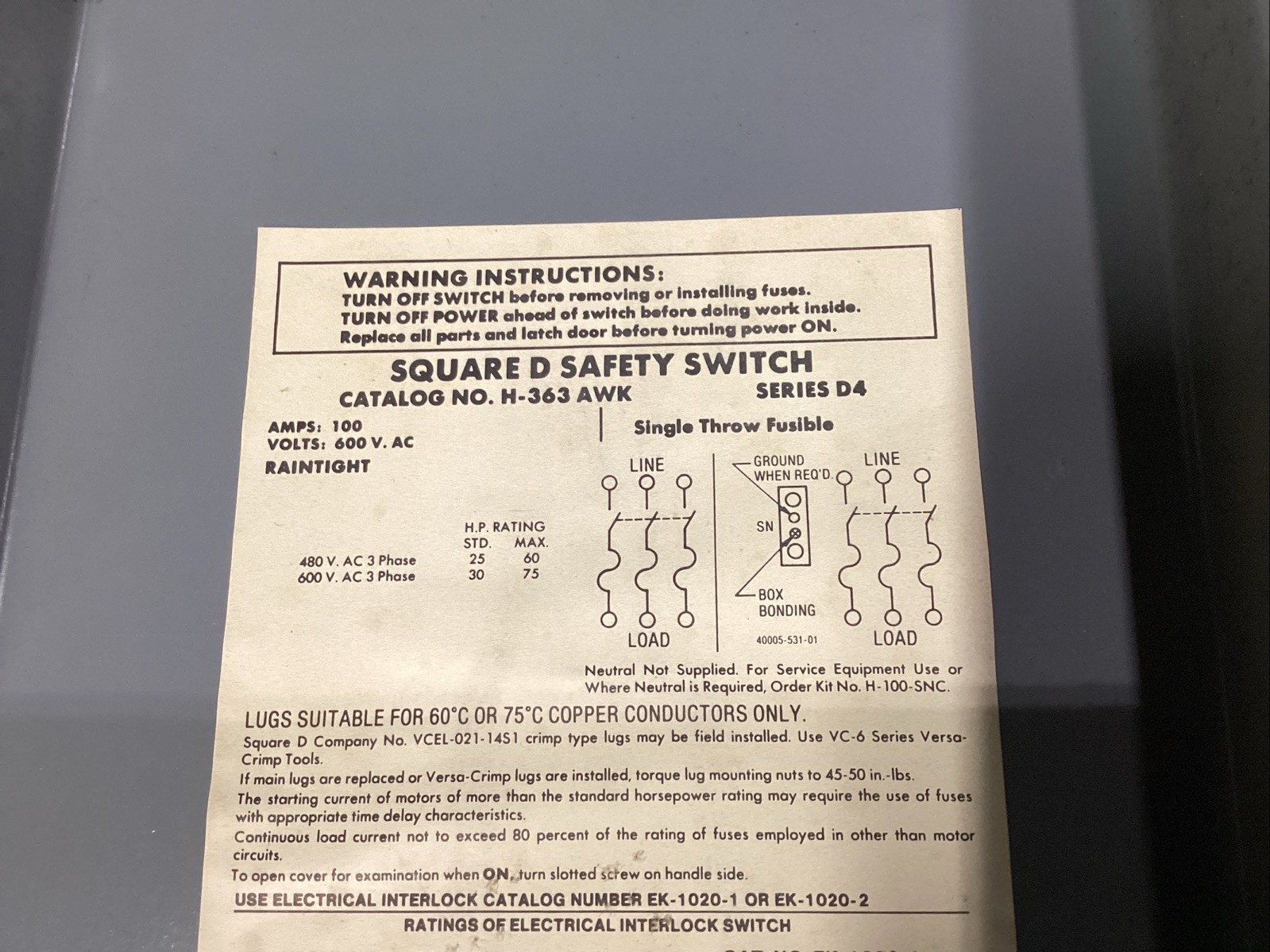 SQUARE D SAFETY SWITCH H-363AWK 100AMP 600V RAINTIGHT #812E101PR6*CO
