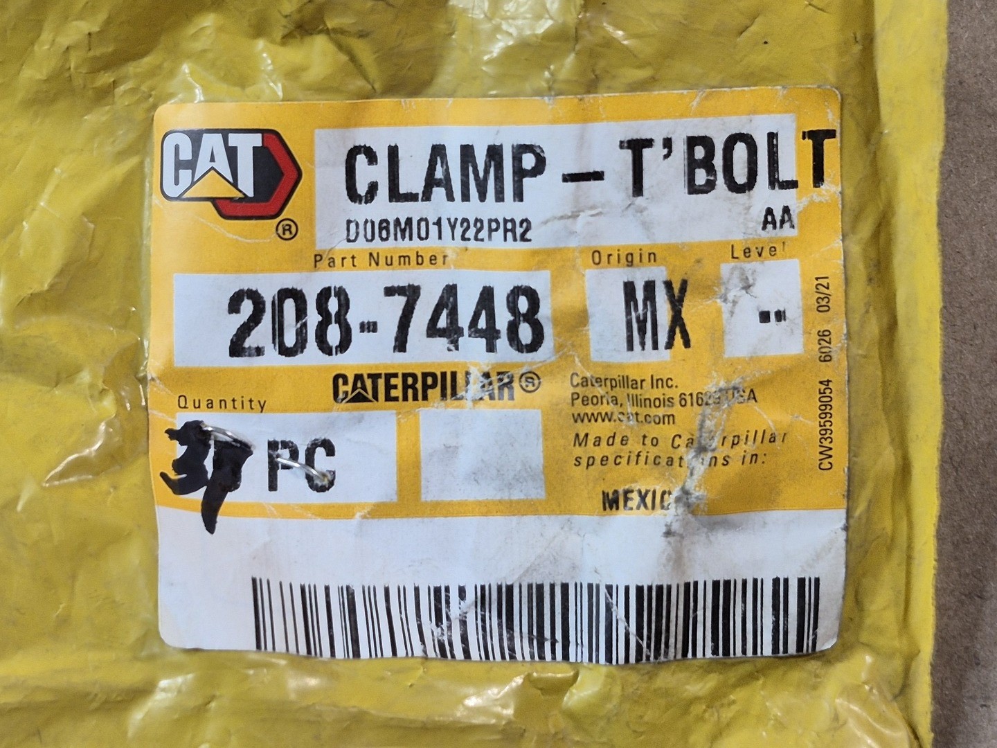 SURPLUS NEW 2022 Caterpillar 208-7448 T-Bolt Clamp (Bag of 3) – Parts