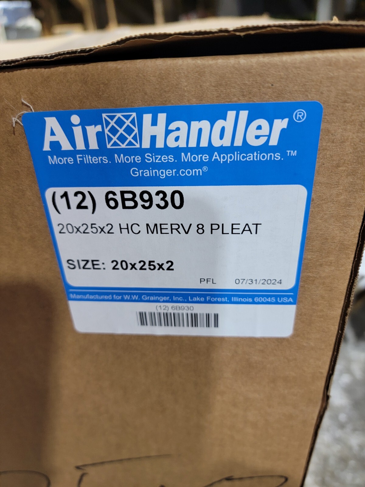 Air Handler 20″ X 25″ X 2″ HC Pleated Merv 8 Filter 6B930. 12pk, Free Ship L48
