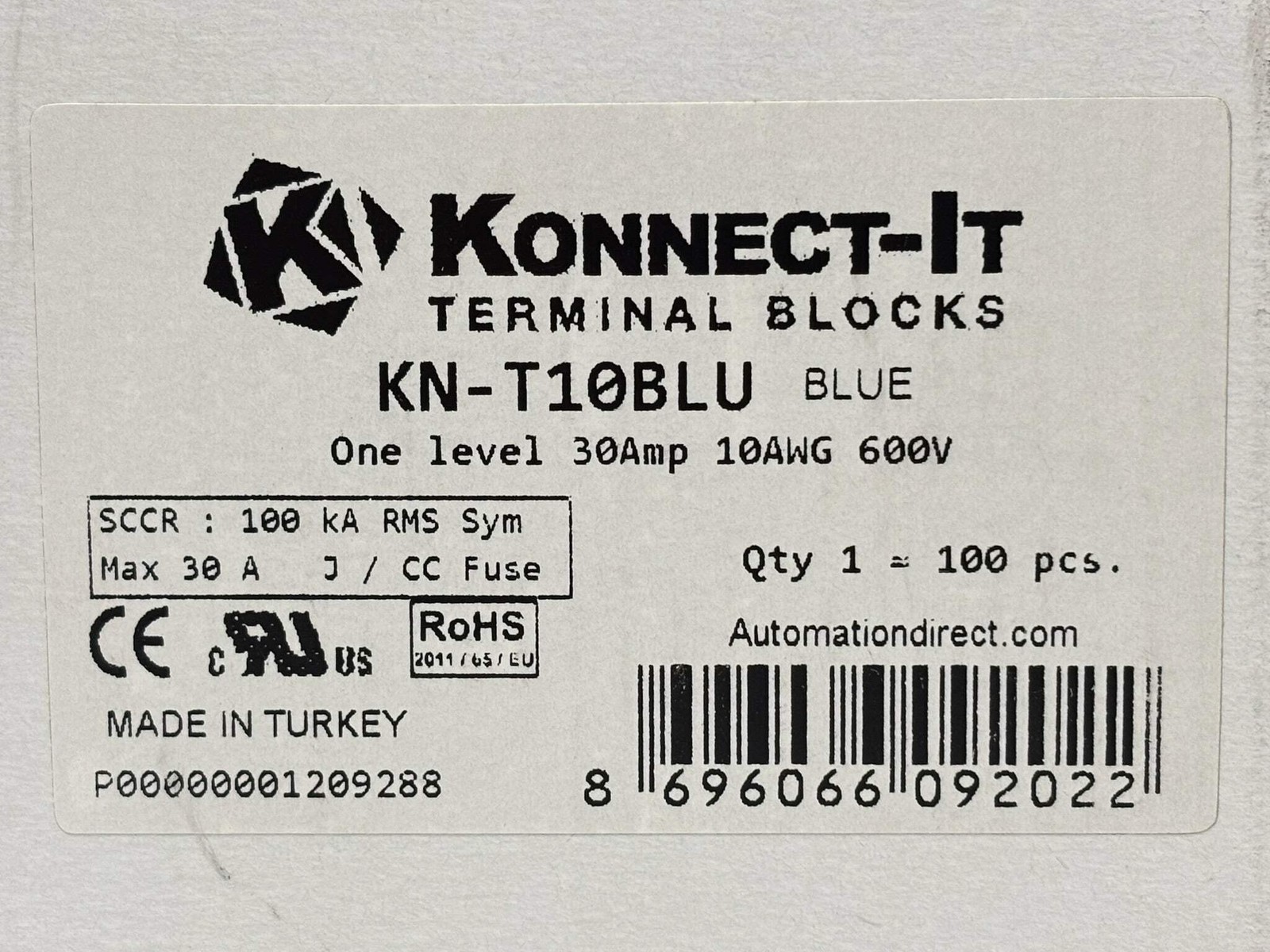 100PK Konnect‑It KN‑T10BLU Single‑Level DIN‑Rail Terminal Block, 26‑10 AWG, Blue