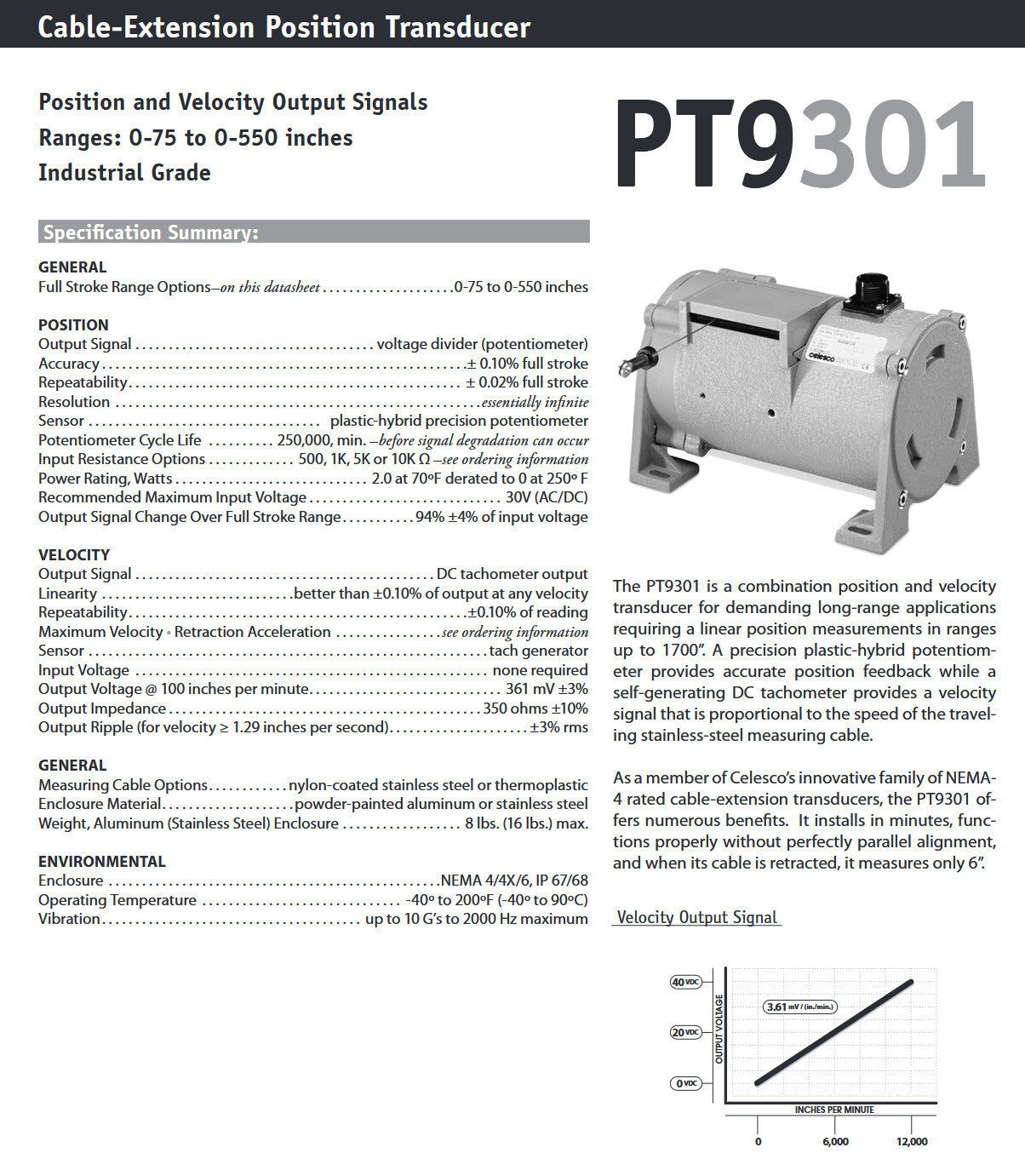 Celesco Position Transducer PT9301-0350-121-2130, 350 inch, 1000ohm, 30V, 361mv