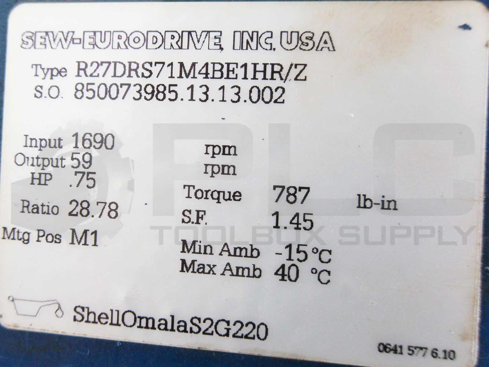 SEW EURODRIVE R27DRS71M4BE1HR/Z GEAR BOX PRM INPUT 1690 OUTPUT 59 HP .75