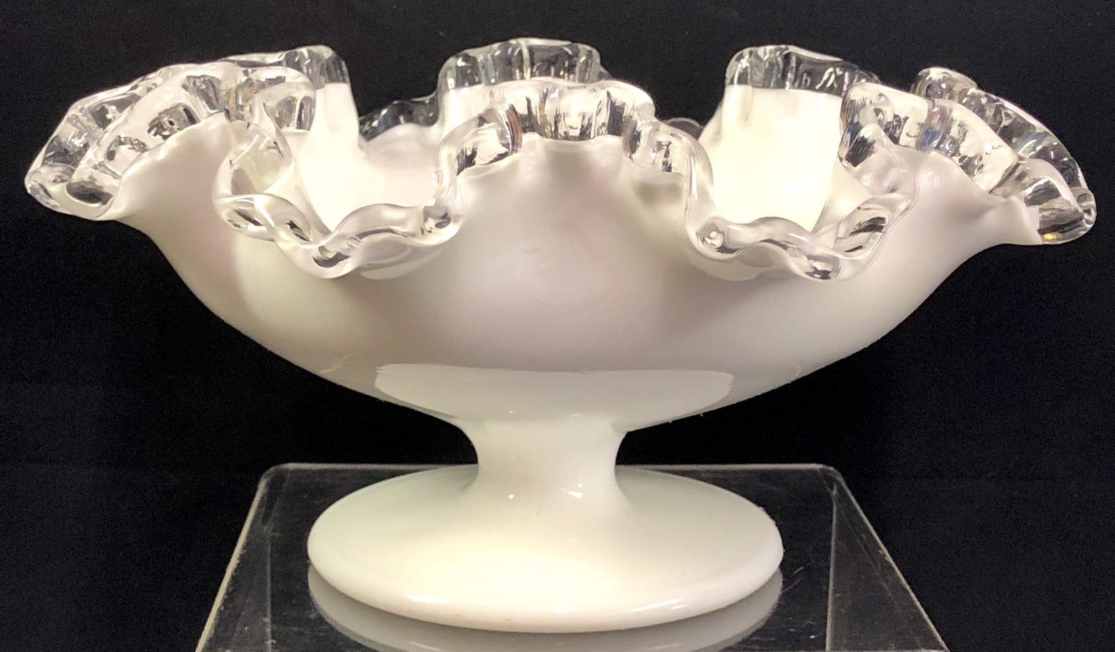 Vintage Fenton Large 8″ Milk Glass Silver Crest White Ruffled Compote Candy Dish
