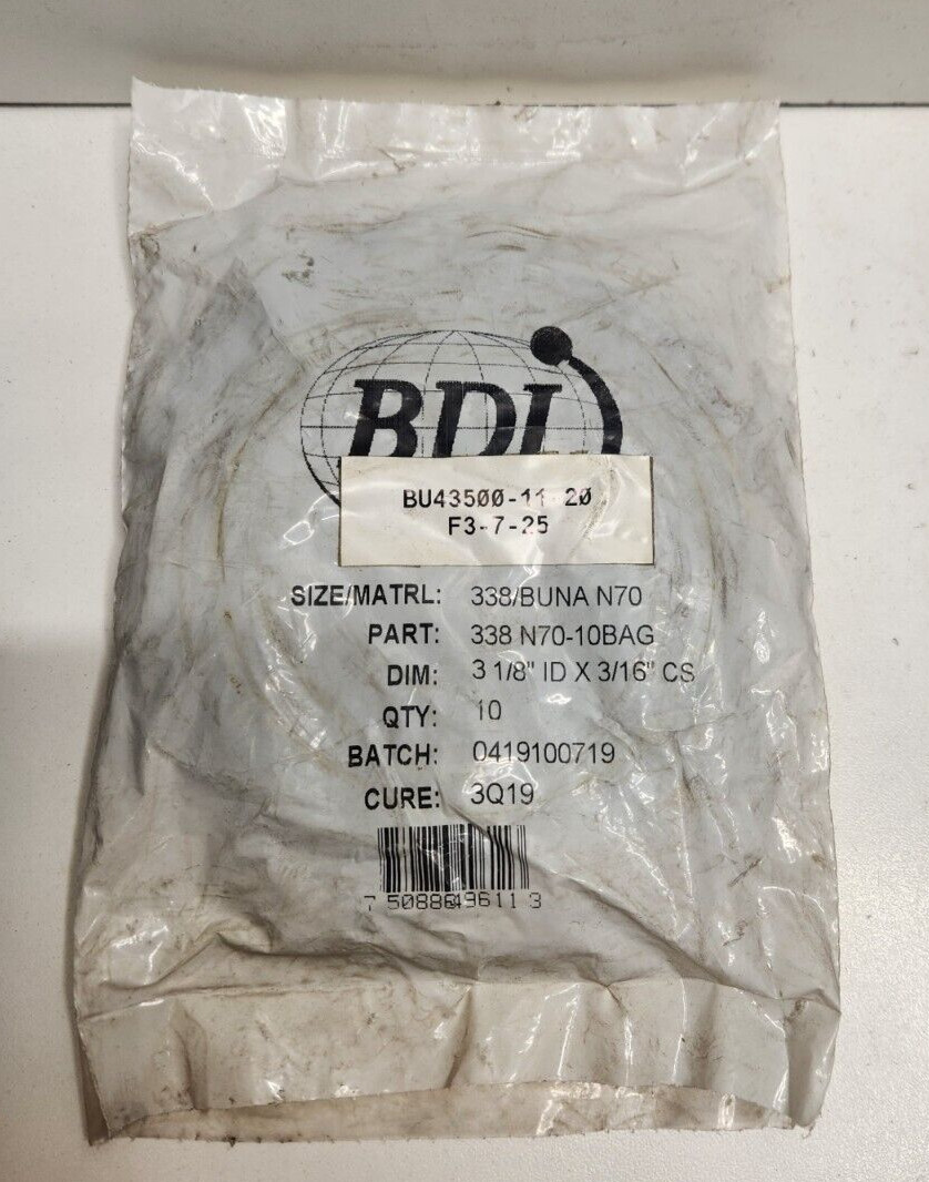 QTY 10 NEW OLD STOCK! BDI 3-1/8″ID X 3/16″CS 338/BUNA N70 ORINGS 338-N70-10BAG