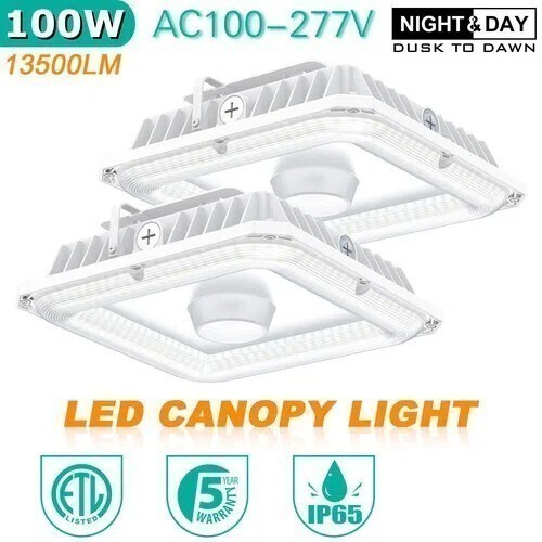 2 PCS 100W LED Gas Station Canopy Light Fixture Dusk-to-Dawn 4500K/5000K/5700K
