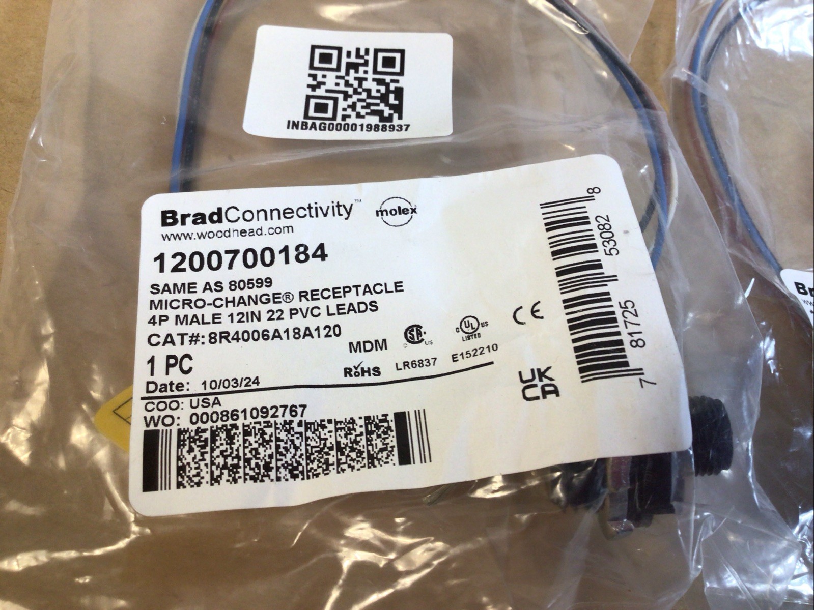 2 X BRAD HARRISON 8R4006A18A120 12″ 4P MALE MICRO-CHANGE RECEPTACLE / New