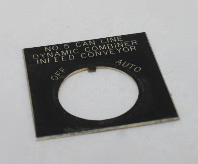 Square “No 5 Can Line Dynamic Combiner Infeed Conveyor -Off – Auto” Legend Plate