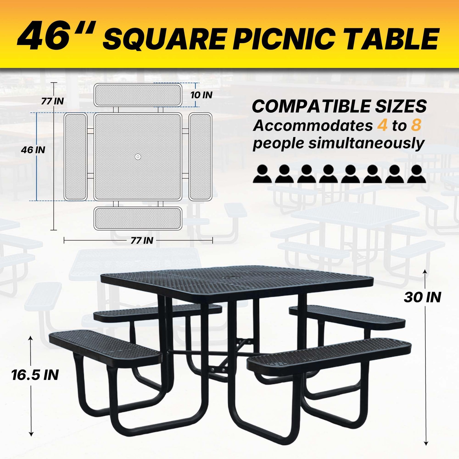 LAUCO Square Picnic Table, Expanded Metal, Black Thermoplastic Coating 1000 lb