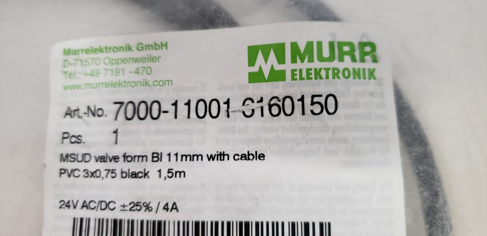 MURR ELEKTRONIK 7000-11001-6160150 PLUG CONNECTOR, 24VAC/DC, 4A, NIB