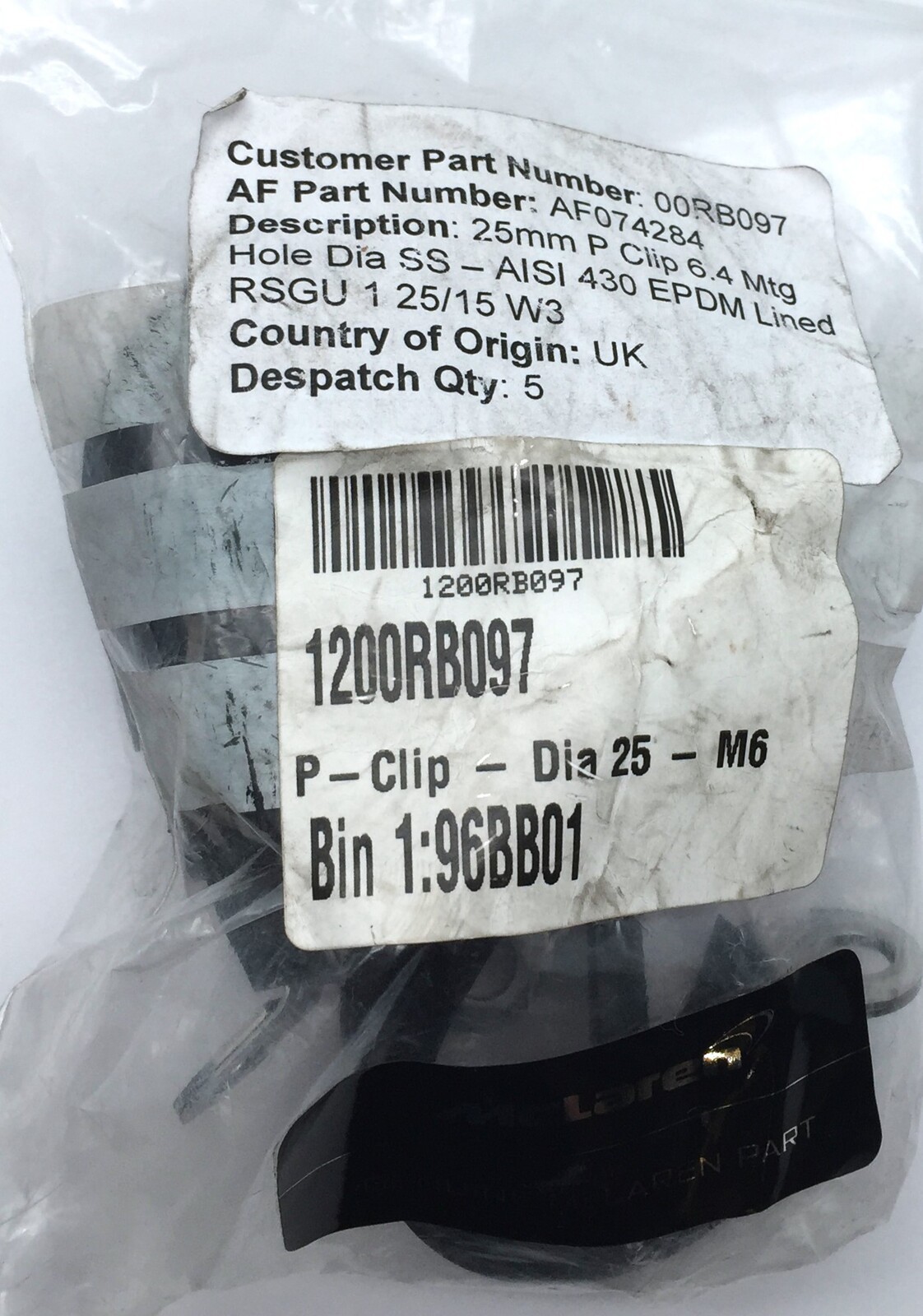 McLaren 1200RB097 P Clip 25mm M6 6.4 Mtg Hole Dia SS-AISI 430 EPDM x5