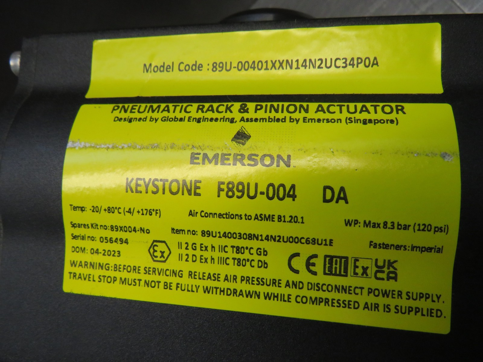Keystone GR-0080W0A10016-D1S00S0E000KB w/ F89U-004 DA Actuator