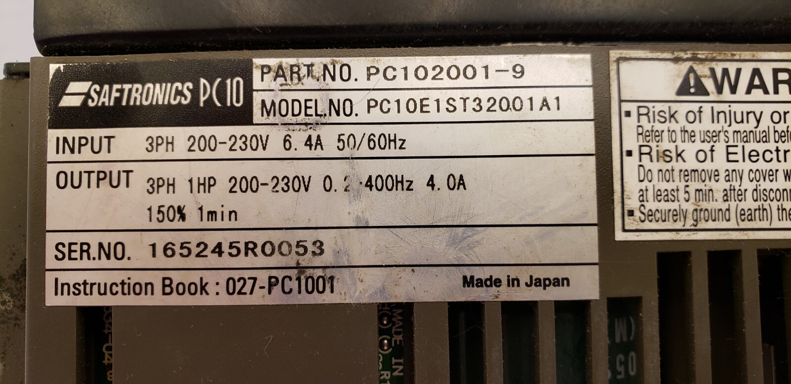 SAFTRONICS PC102001-9 DRIVE INVERTER, 3PH 200-230V 6.4A 50/60Hz, MADE IN JAPAN