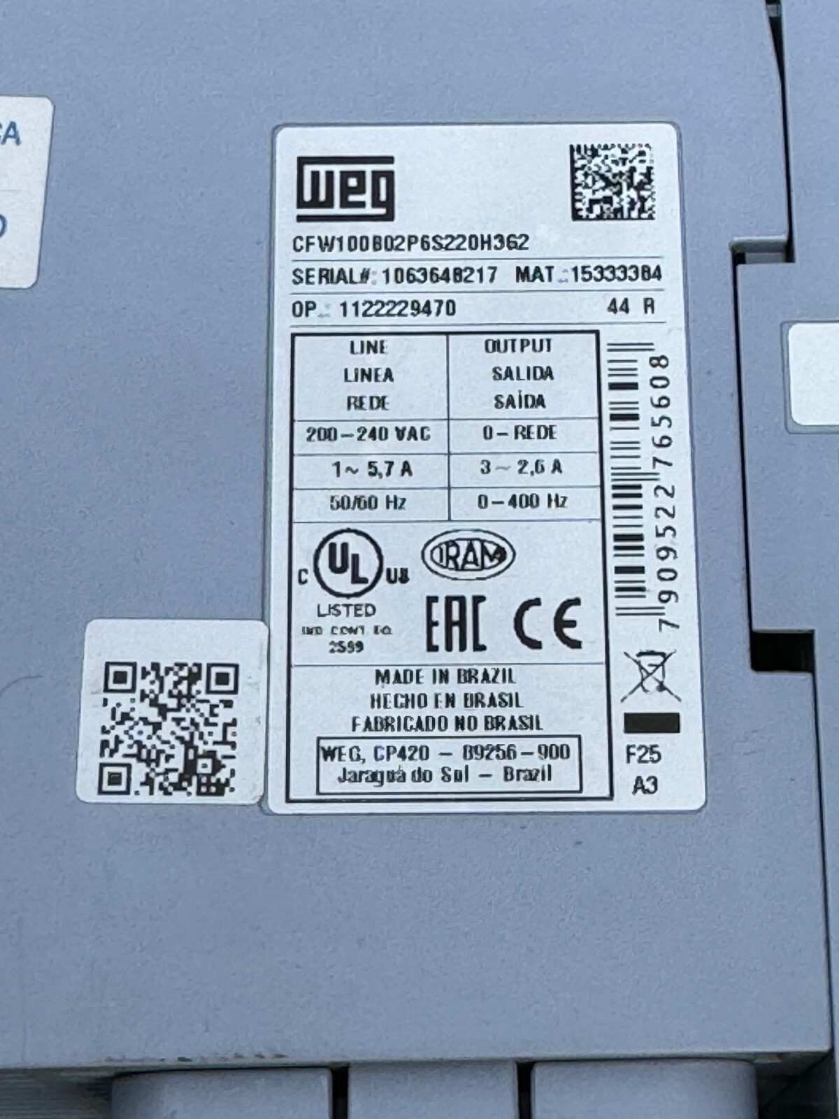 WEG CFW100B02P6S220H3G2 FREQUENCY INVERTER 200-240V w/DIN RAIL
