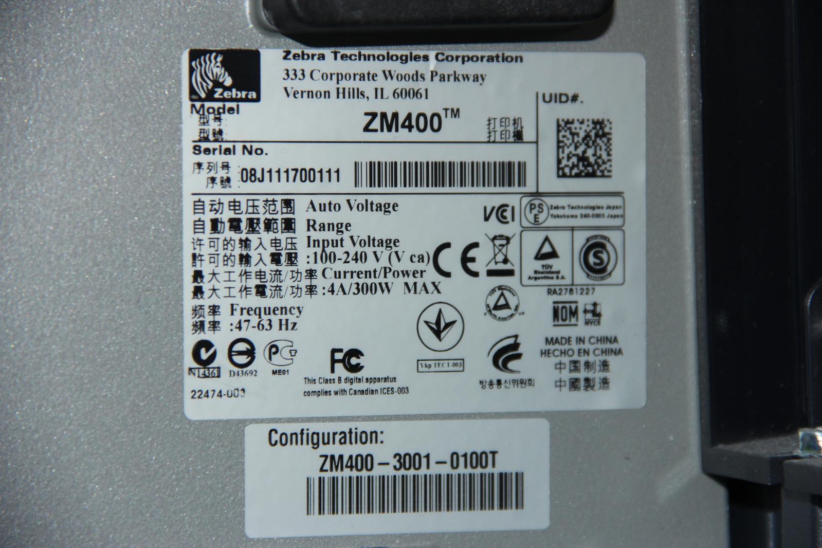 ZEBRA ZM400-3001-0100T Thermal Transfer Label Printer