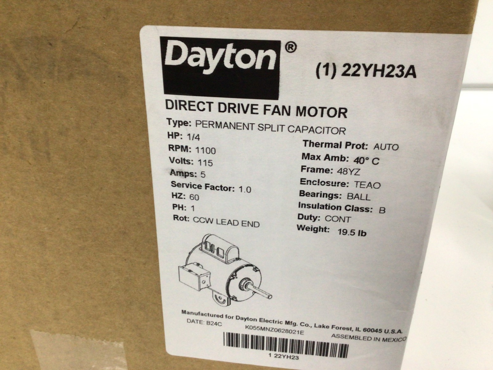 Dayton 22Yh23 Motor,HP: 1/4, Volts: 115, PH: 1