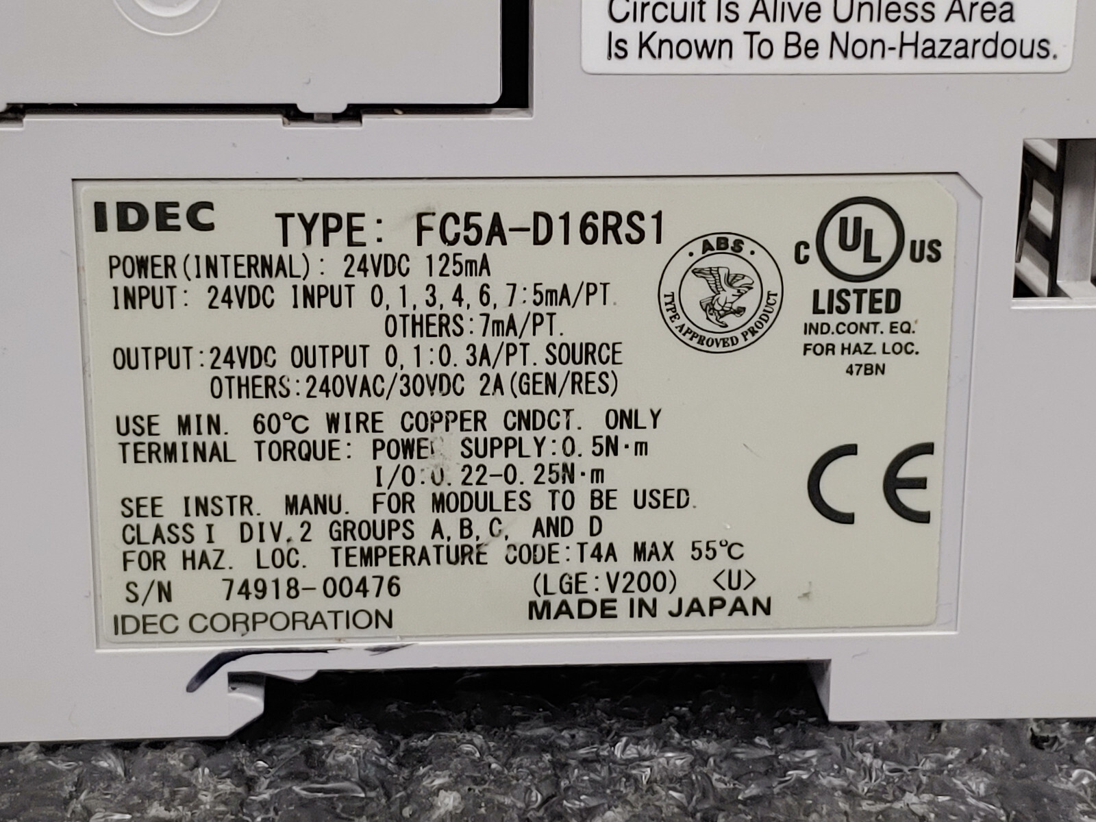 IDEC MICROSMART PENTRA FC5A-D16RS1 PLC 16I/O CPU Relay/Src Output Module