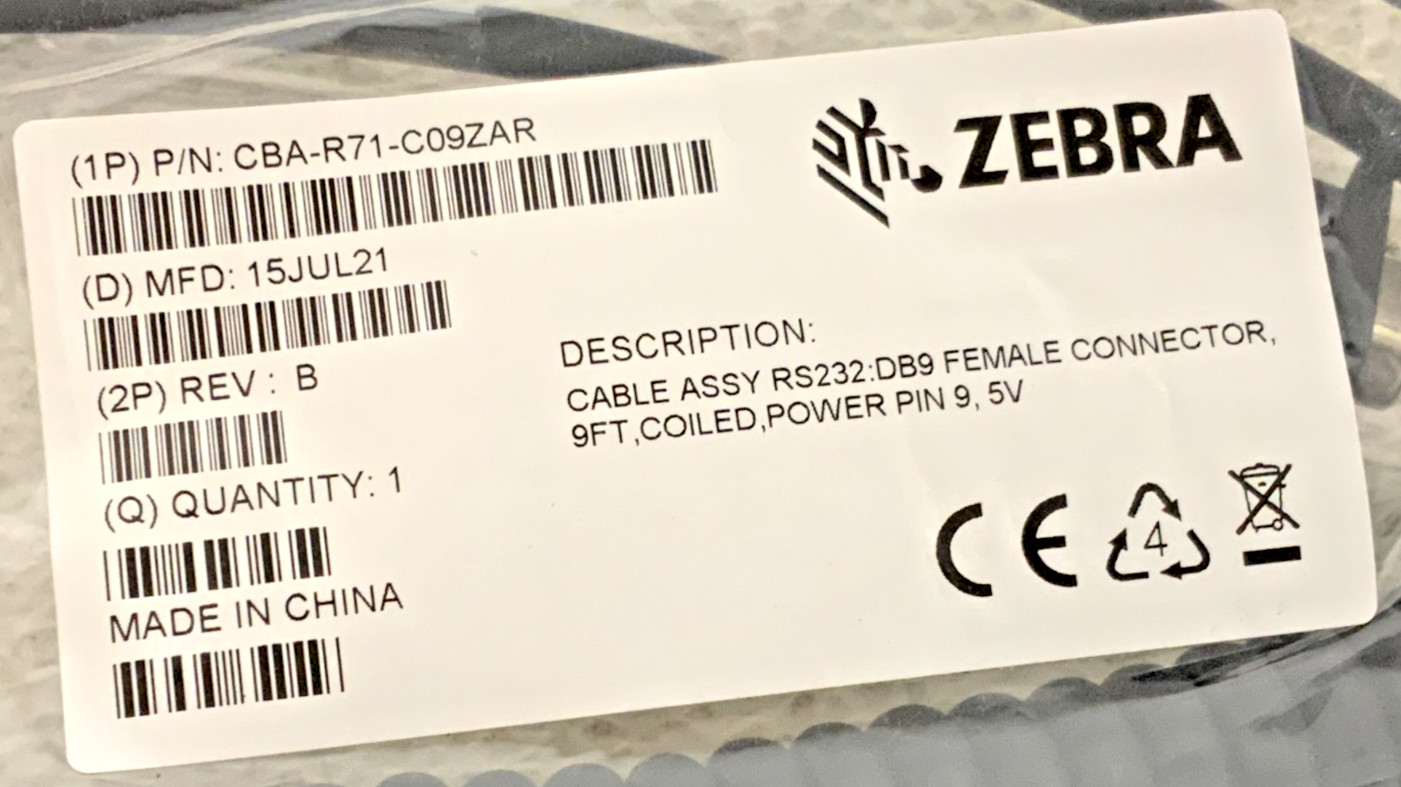 New Zebra CBA-R71-C09ZAR Coiled Assy Cable 9Ft 9Pin RS232:DB9 Female Connector