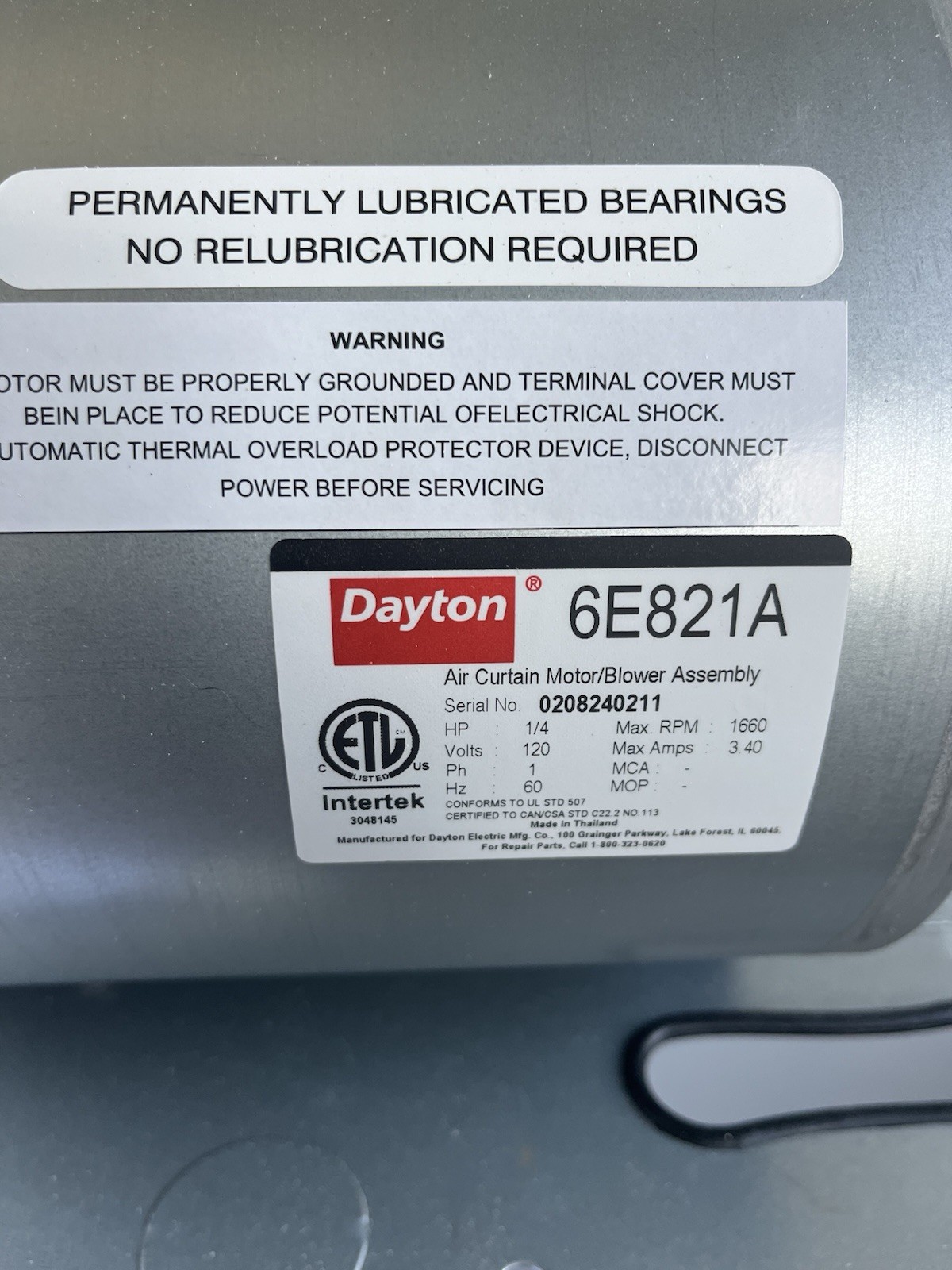 Datoton 6E821A Air Curtain Motor/Blower Assembly