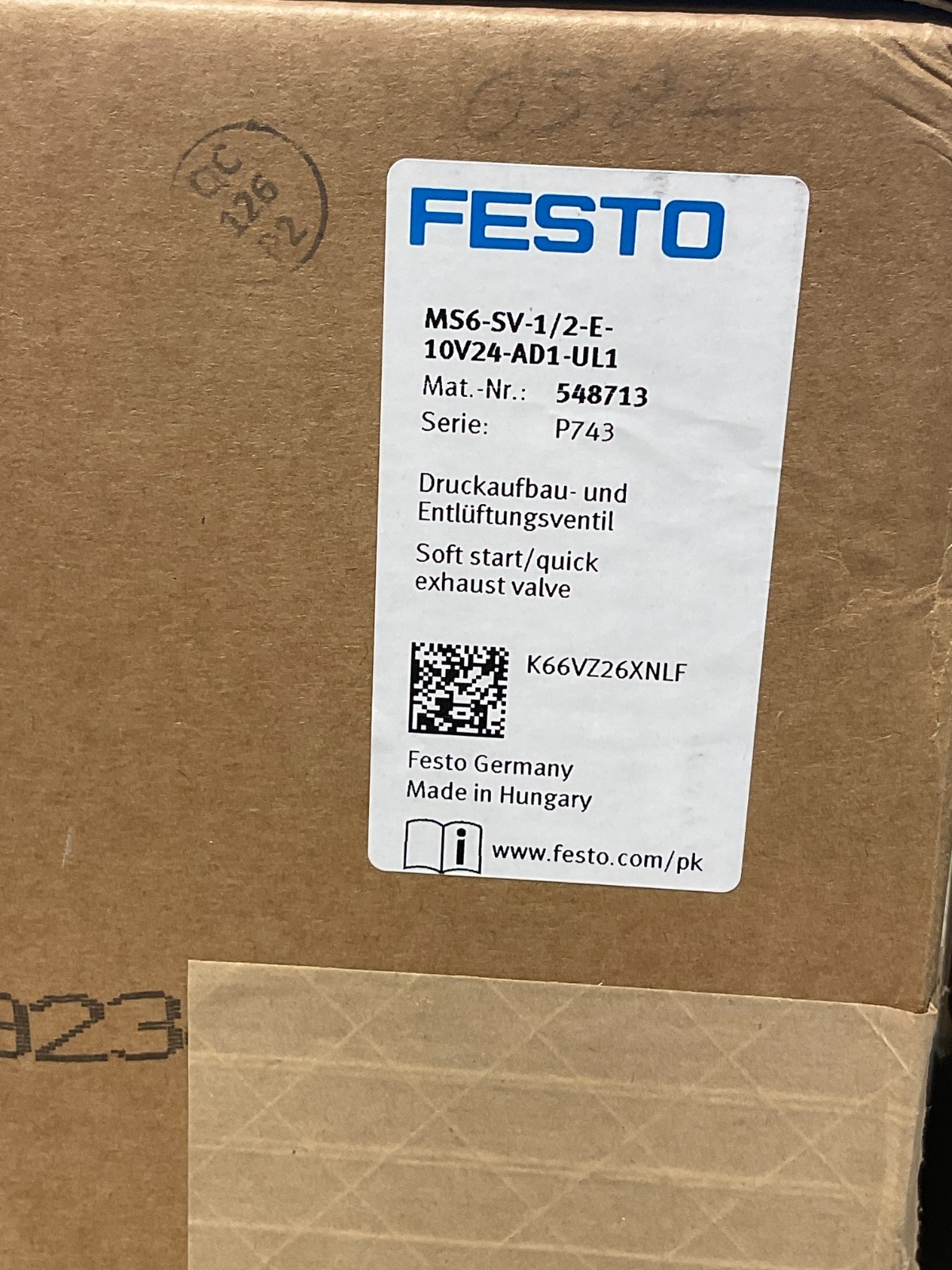 Festo MS6-SV-1/2-E-10V24-AD1-UL1 NEW