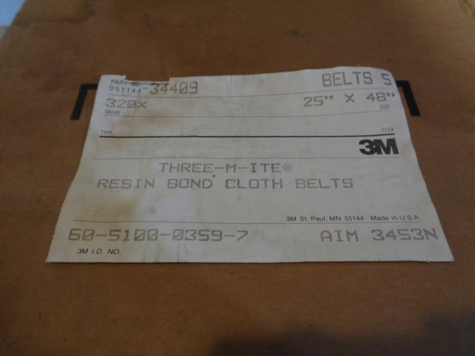 Lot of 5 New NOS 3M Three-M-Ite Resin Bond Cloth Sand Belt 320 Grit 25″ x 48″