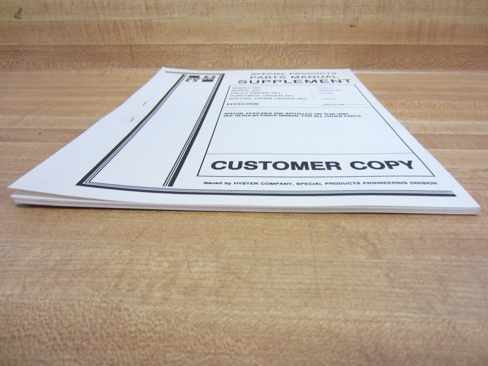 Hyster E100XL2S Special Products Parts Manual Customer Copy Hy-E100XL2S