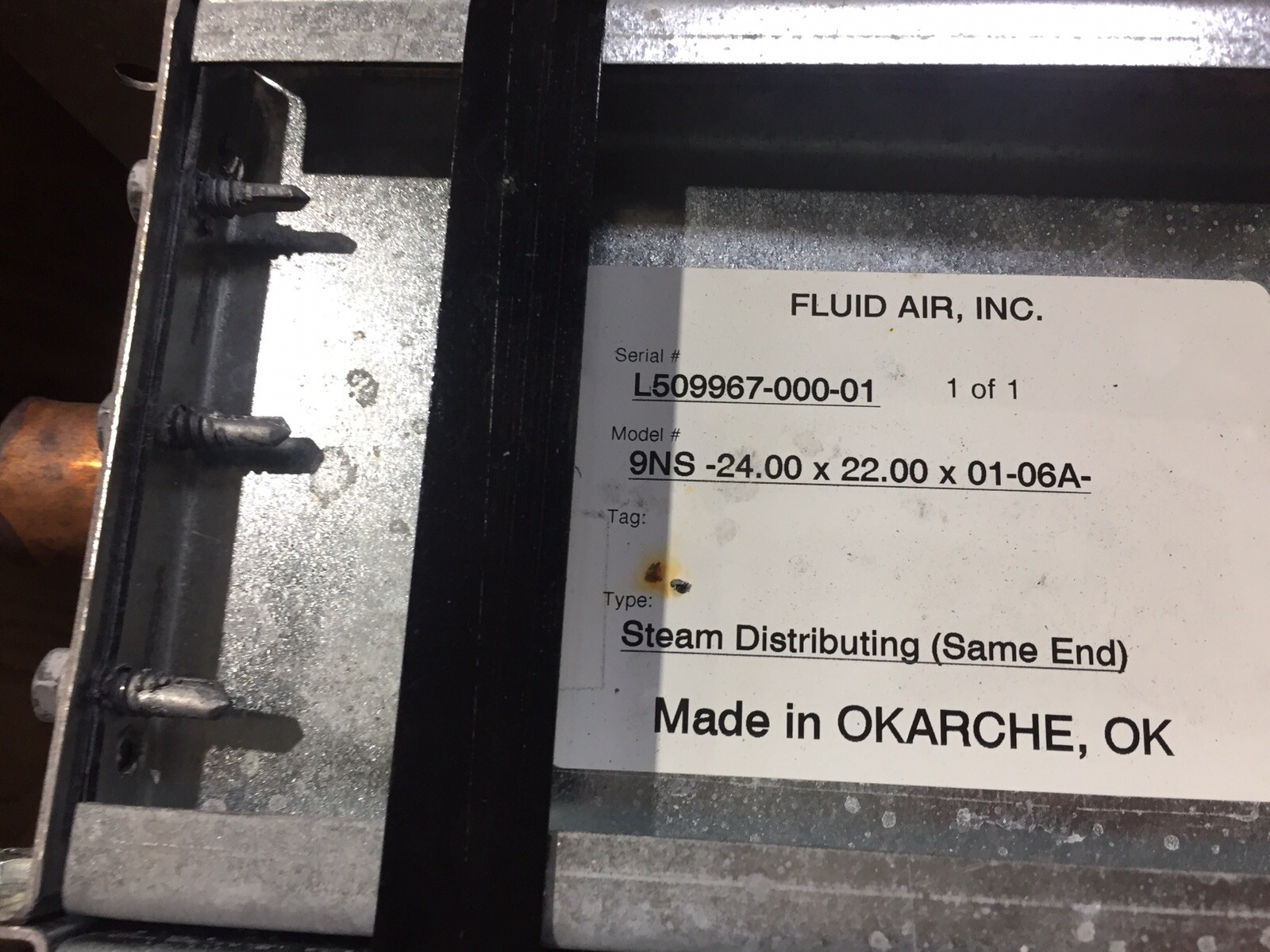Fluid Air Inc. Steam Distributing Heat Exchanger (9NS -24.00×22.00×01-06A)